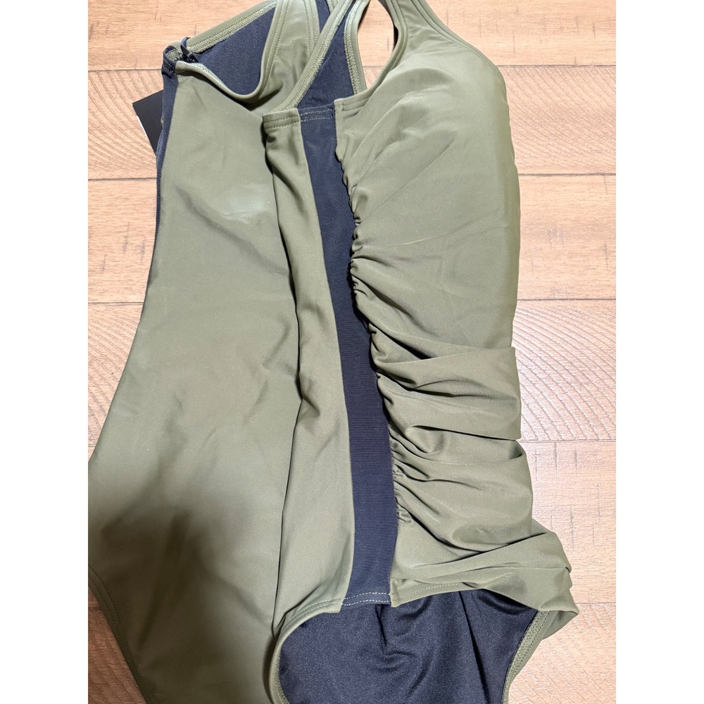 New DKNY Womens Ruched Mesh Side One Piece Swimsuit Olive Green DI2MS536 Size 14 - Picture 3 of 13